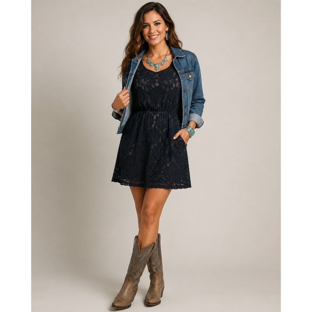 Monteau‎ Whimsigoth Cowgirl Dress Womens Small Black Lace Nude Slip Pockets